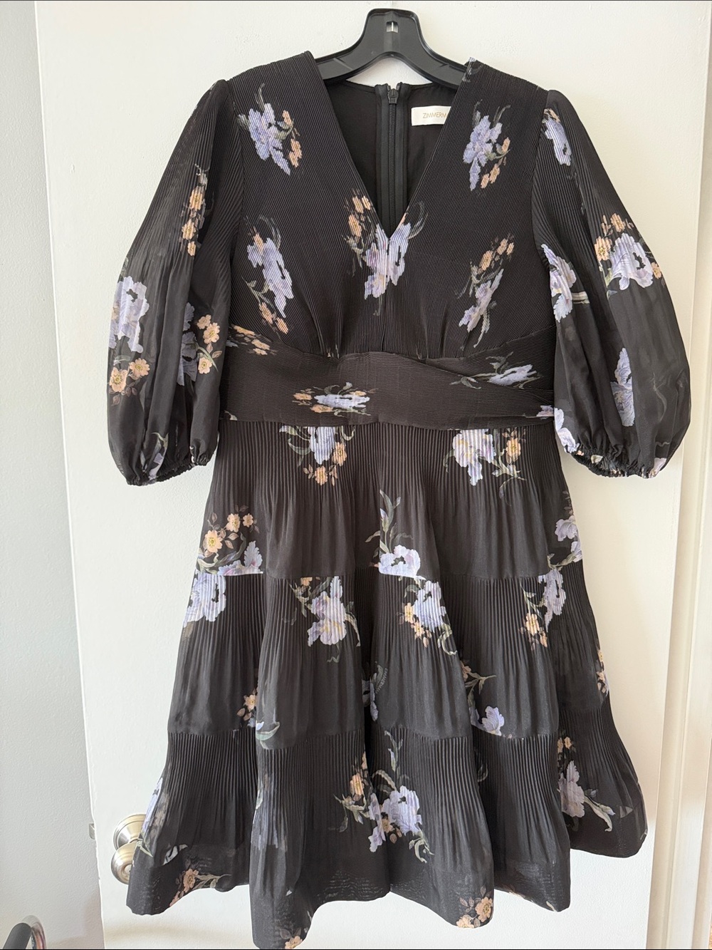 Zimmermann Black Iris Floral Pleated Mini Dress Blouson Sleeve Plissé Size 3